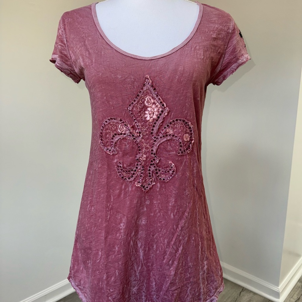 Velvet Stone Tee Long Pink Burnout Sequin Fleur de Lis Gothic Y2K‎ M USA